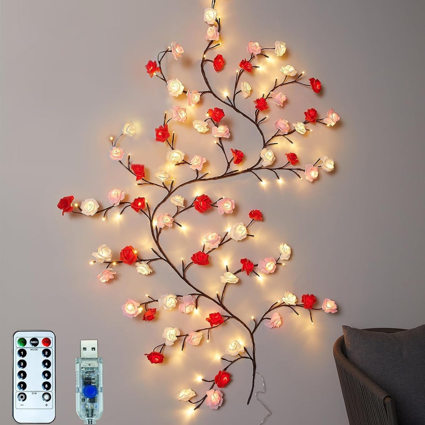 Rose LED Tree Branch Lights for Wall, Rose Flower Willow Vine Twig Decor Garland with 72 LED Lights and Remote,8 Lighting Modes,