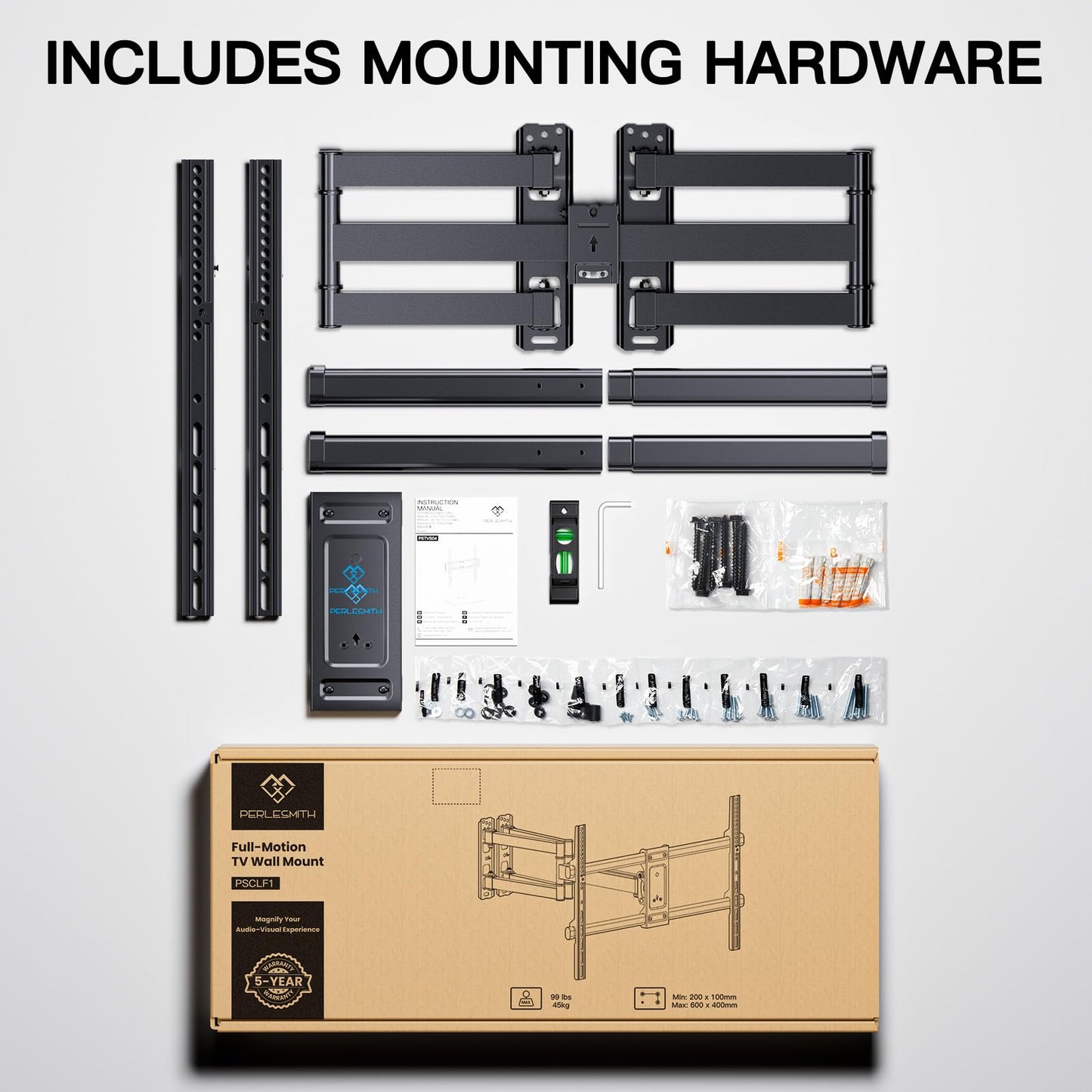 PERLESMITH Corner TV Wall Mount Full Motion, Corner TV Bracket Fits 37-70 Inch LED, LCD 4K Flat Curved Screen TVs Hold up to 99 lbs, Max VESA 600x400 Tilt, Swivel and Level, PSCLF1