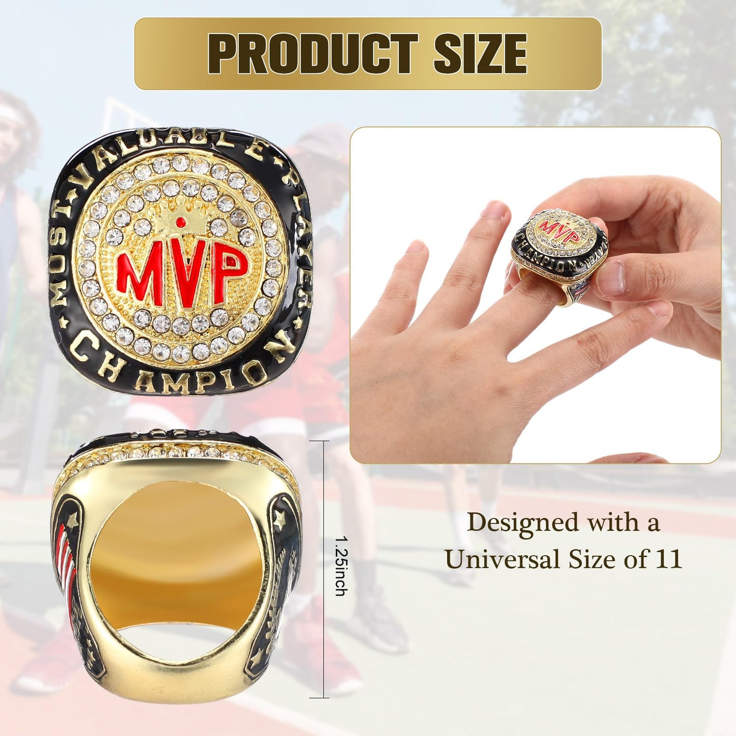 Misdary MVP Championship Rings with Holder Most Valuable Player Greatest of All Time Gold Ring Award Gift Sports Team Prize for
