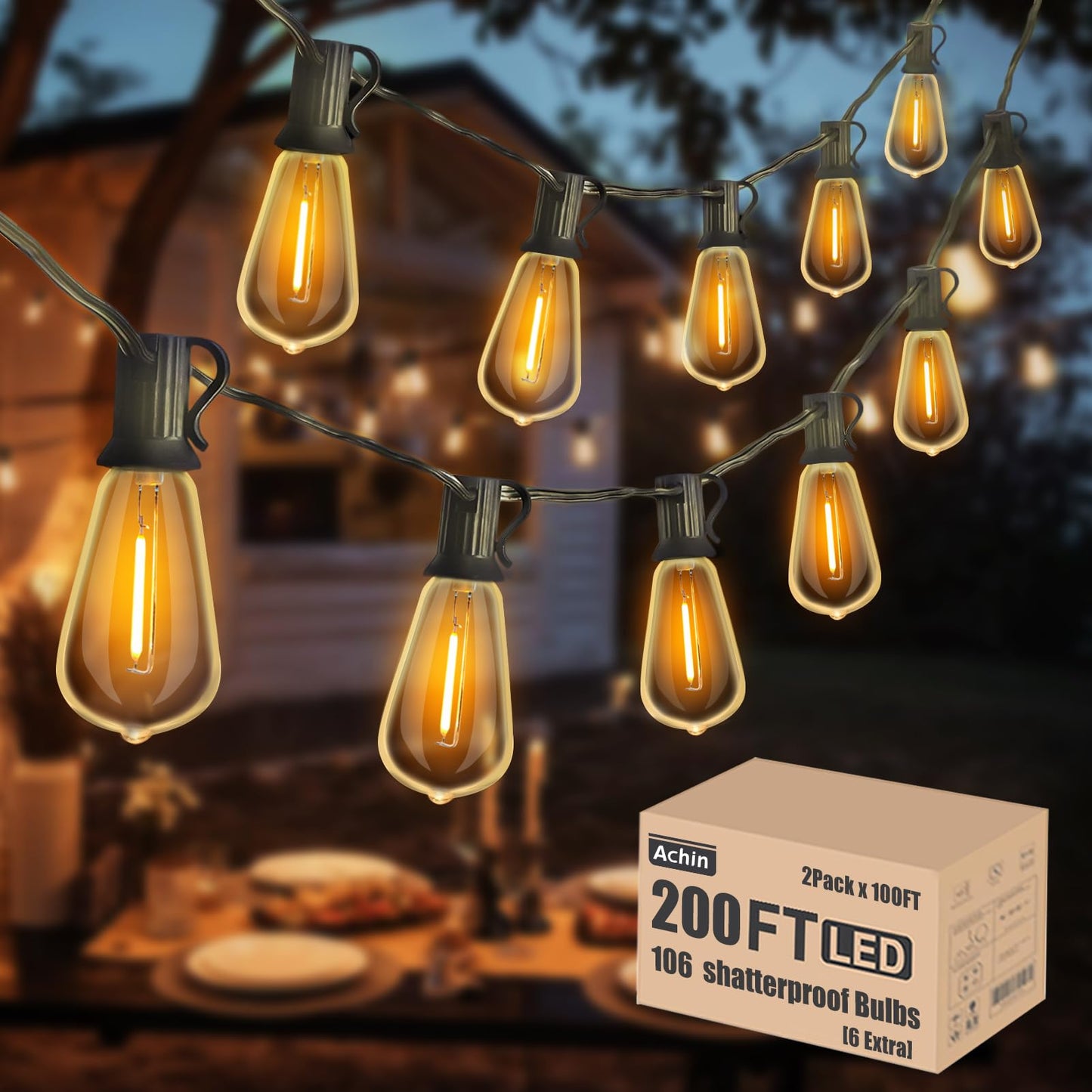 Achin Outdoor String Lights 200FT, 104 Shatterproof ST38 Bulbs, LED Dimmable, Warm 2200K, Waterproof, Black