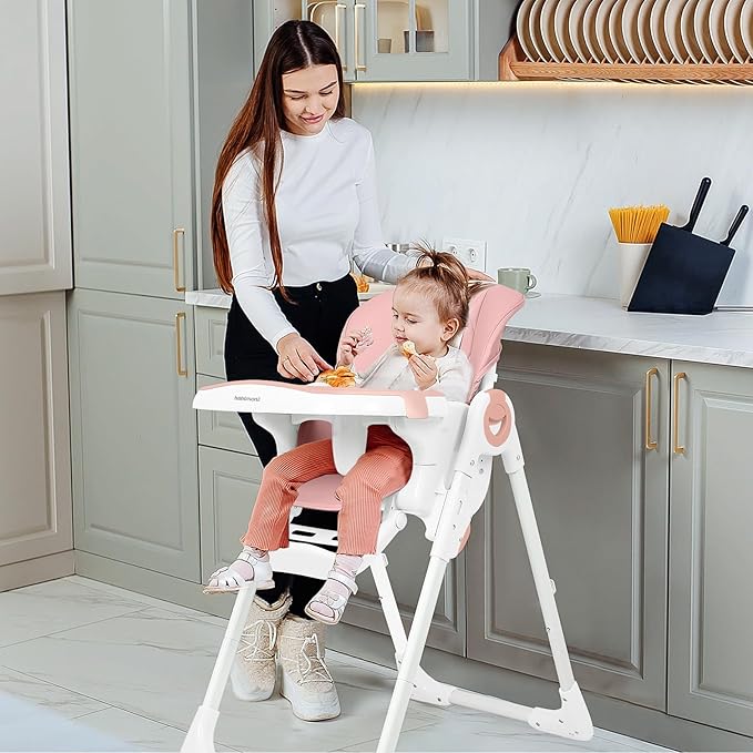 4 in 1 High Chairs for Babies and Toddlers, Foldable Baby High Chairs, Feeding and Eating Seat Highchair with 4 Levels of Recline and 7 Levels of Height Adjustment, Pink