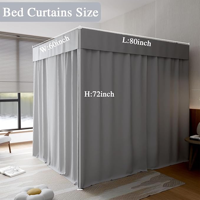 Hvqic Grey Canopy Bed Curtains - 4 Corner Post Bed Curtains Queen Bed Curtains Lightproof Drapes Bed Canopy for Adults & Girls Bedroom Decoration(Queen,Grey)