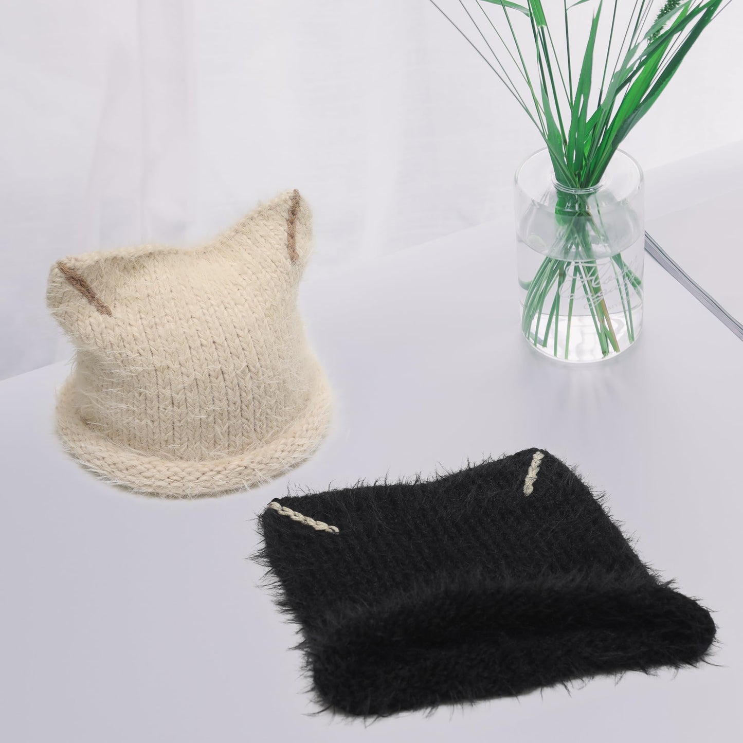 ZLYC Women's Slouchy Beanie with Cat Ears, Solid Khaki, one Size fits Most