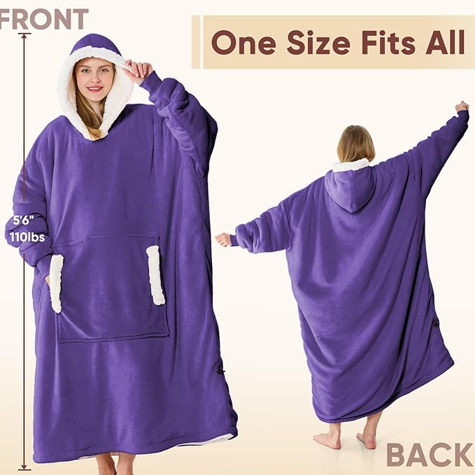 yescool Wearable Blanket Hoodie, Flannel Sherpa Fleece Blanket Sweatshirt for Adults Women Men,One Size Fits All