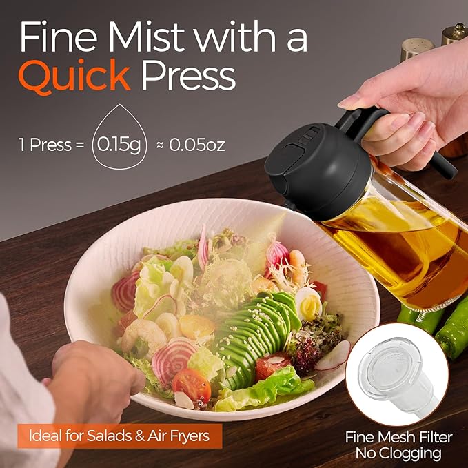 YARRAMATE 16oz/470ml Glass Olive Oil Sprayer for Cooking with Stickers, 2 in 1 Oil Dispenser for Kitchen Gadgets, Food Grade Premium Spray Bottle with Portion Control for Salad, Frying, BBQ (Black)