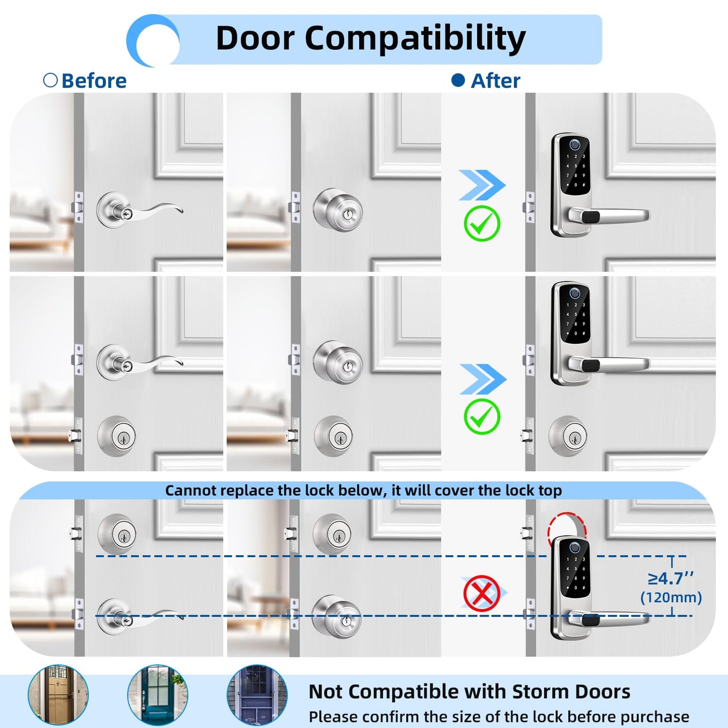 Smart Door Lock with Handle,Keyless Entry Door Locks, 8-in-1 Fingerprint Keypad Exterior Lock - Smart Locks for Front Door - Digital Electronic Smart Lock with Code & APP Control (Silver)