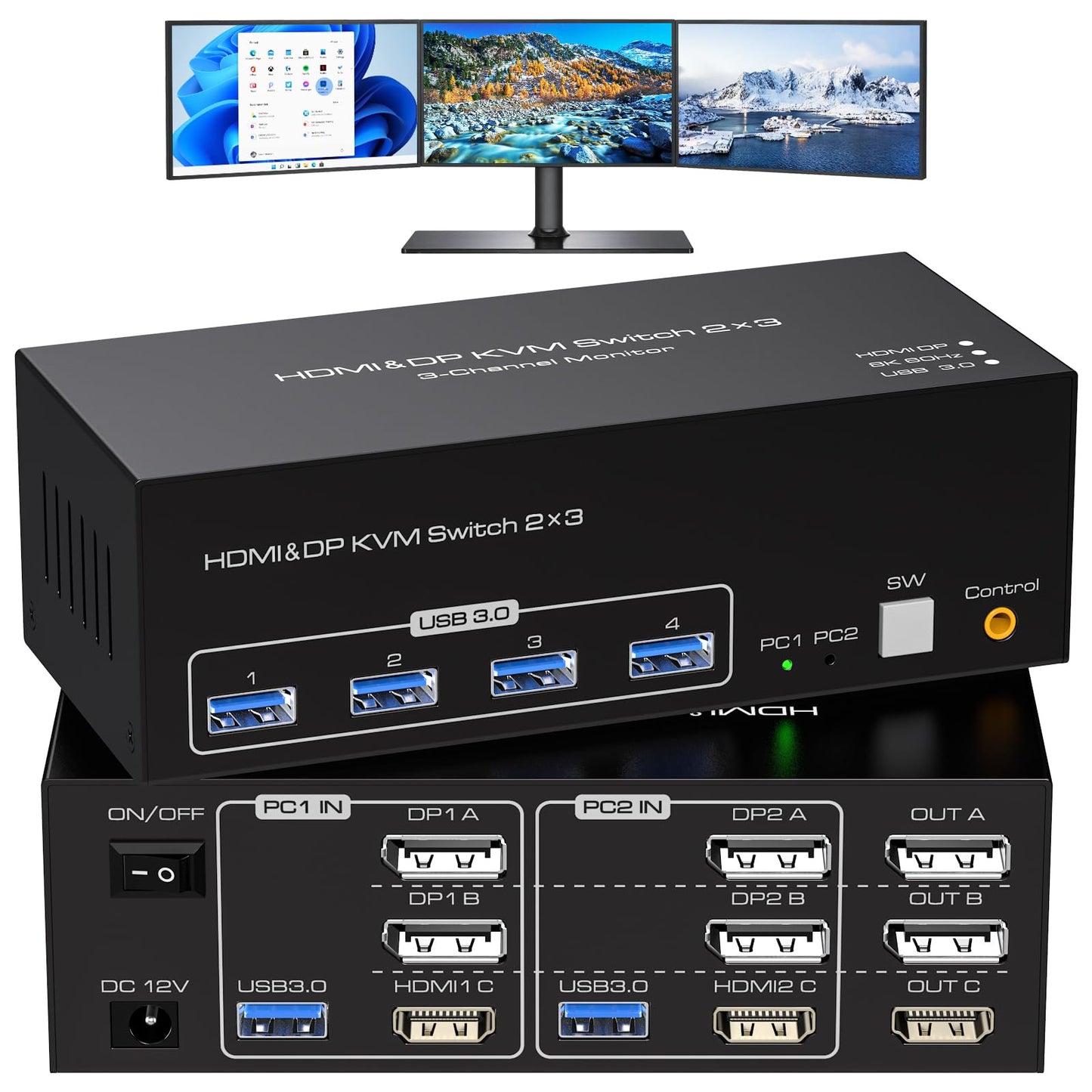 ATLAHET 8K HDMI 2 Displayport KVM Switch 3 Monitors 2 Computers DP 1.4 8K 60Hz 4K 120Hz Display Port for Two PC Share Triple Monitor and 4 USB 3.0 Peripherals Support Extended and Duplicate Mode