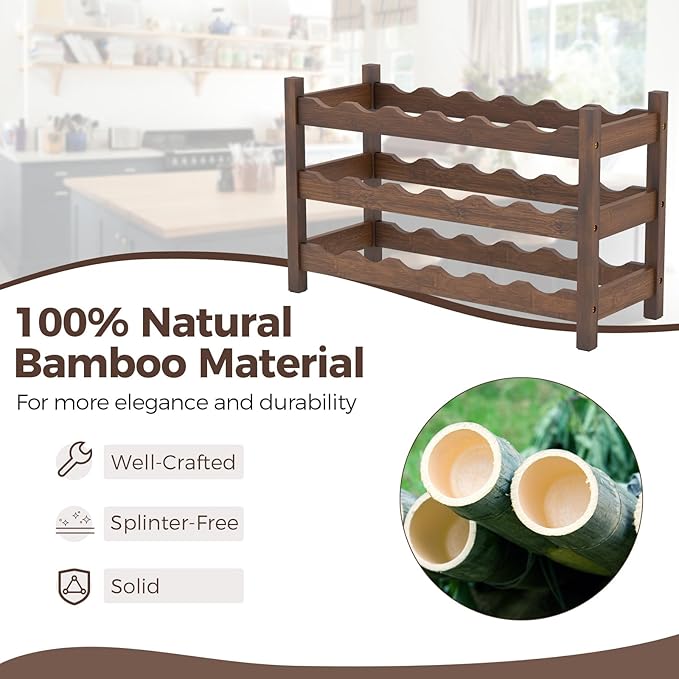 COSTWAY 3-Tier Bamboo Wine Rack, 18-Bottle Tabletop Wine Holder with Wave Slot, Freestanding Countertop Wine Bottle Organizer for Kitchen, Pantry, Pub & Wine Cellar, Brown (24.5L x 9.5W x 15H)