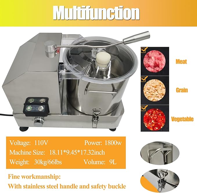 Food Processor Electric Vegetable Chopper Meat Grinder 9L Stainless Steel Vegetable Blender Meat Cutter Adjustable Speed Commercial Food Chopper 110V