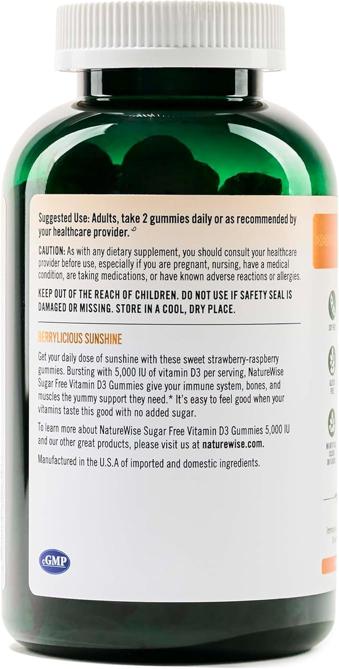 NatureWise Vitamin D3 5000 IU Gummies - Sugar-Free Mixed Berry Flavor - Vitamin D Gummies for Adults, Supports Immunity, Muscle & Bone Strength - Gelatin-Free, Non-GMO - 180 Gummies[3-Month Supply]