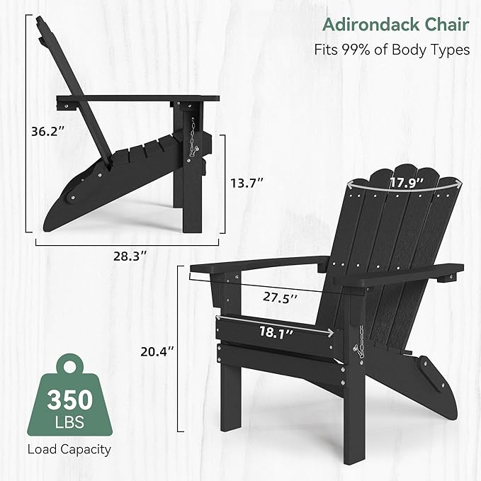 Folding HDPE Adirondack Chair, Weather-Resistant Patio Chair with Wide Armrests & High Backrest, Fire Pit Chair for Garden, Backyard, Porch - Black