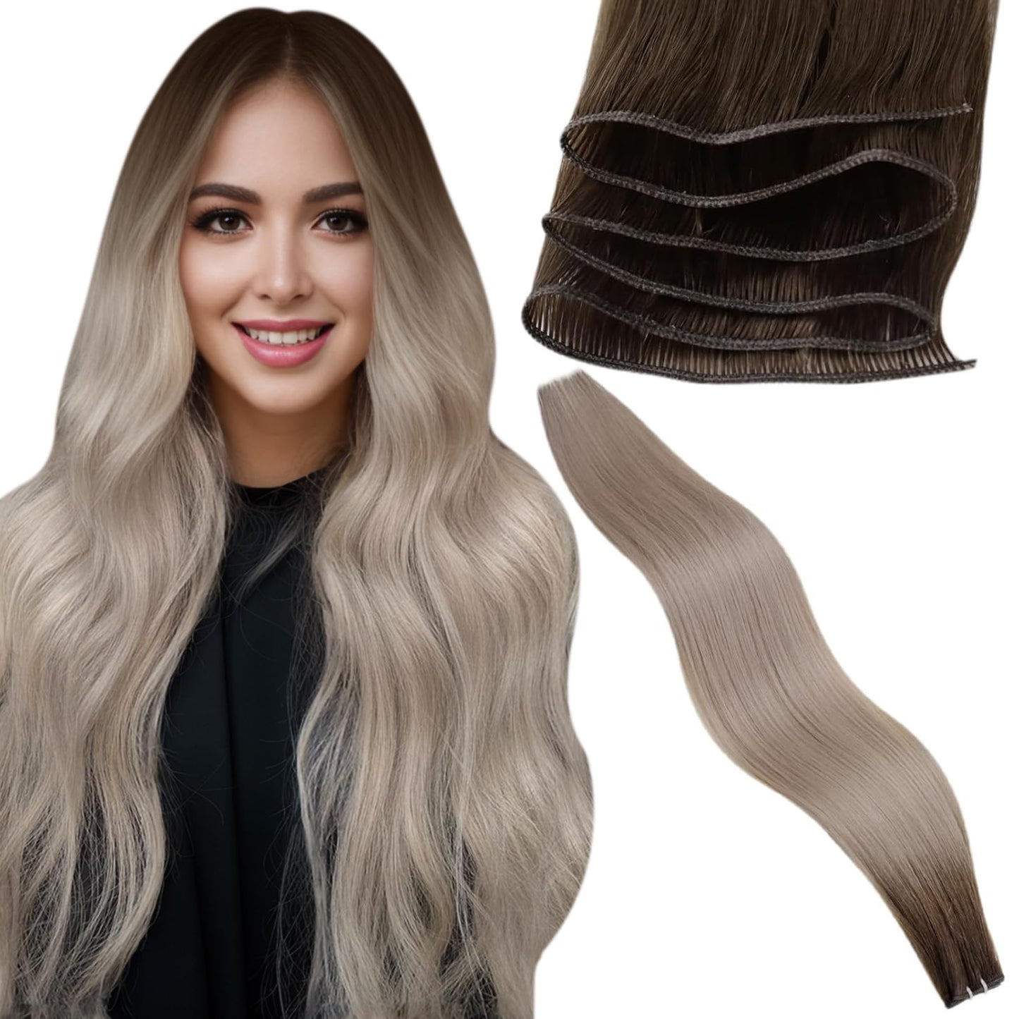 LaaVoo Genius Weft Hair Extensions Human Hair Brown Sew in Hair Extensions Real Human Hair Hand Tied Weft Hair Extensions Human