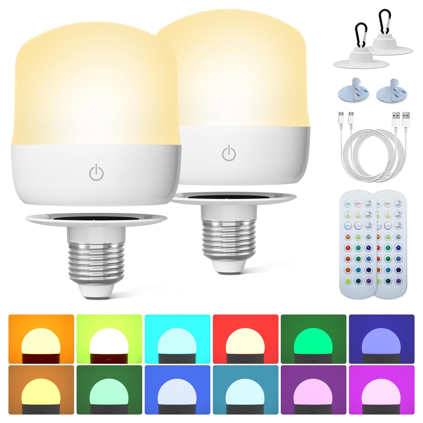 KINDEEP Rechargeable LED Night Bulb, E26 Wireless, 4000mAh, 400LM, Remote Control, 3 Color Temperatures, 12 RGB Colors, White,