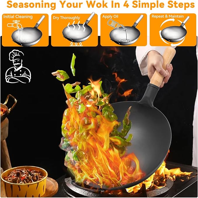 WANGYUANJI 14.2 Inch Round-Bottom Iron Wok, Deep Chinese Stir-Fry Pan (Seasoning Required), Wok Ring Required, Not Flat-Top/Induction — No Lid, No Ring,Wooden Handle, Coating-Free