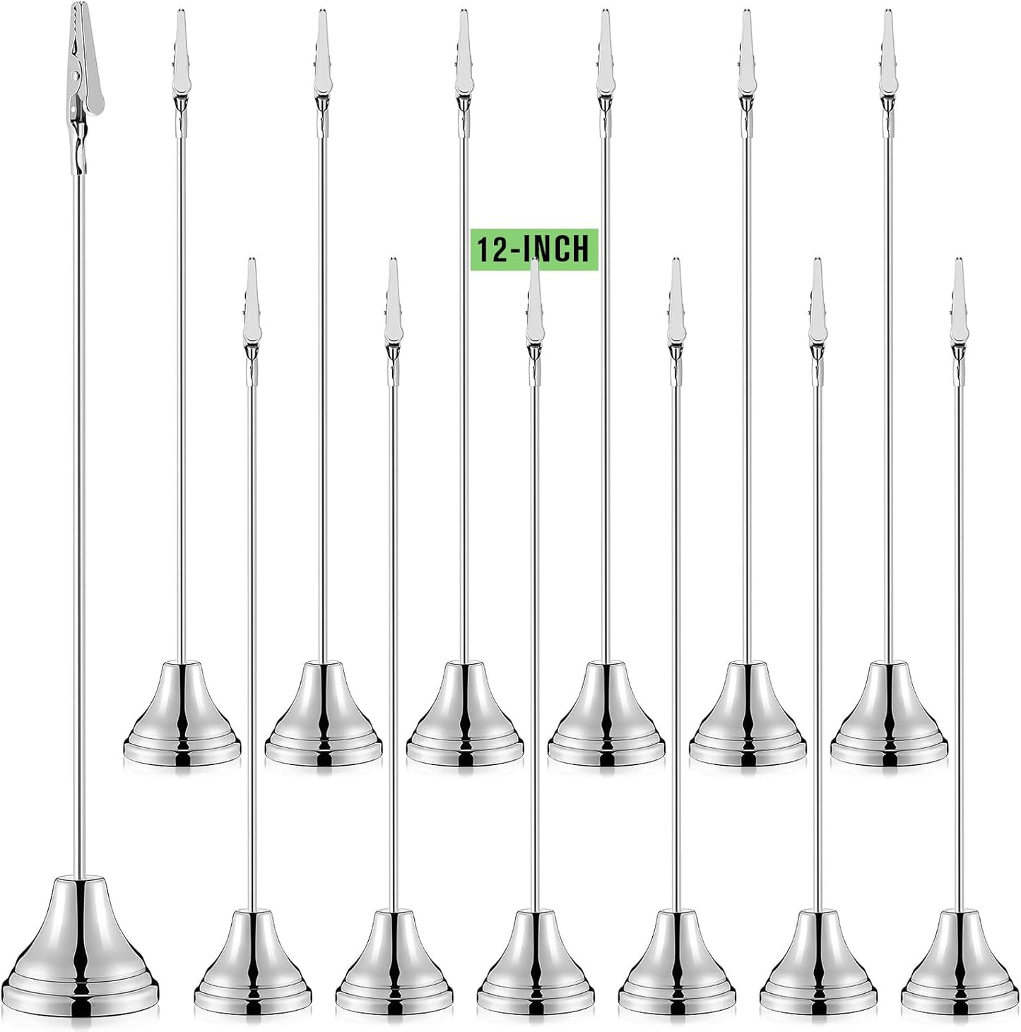 Skyygemm 12 Pcs Table Number Holders 12 Inch Place Card Holder with Alligator Clip Metal Place Card Stands Table Sign for Photos, Food Signs, Birthdays, Weddings (Silver)