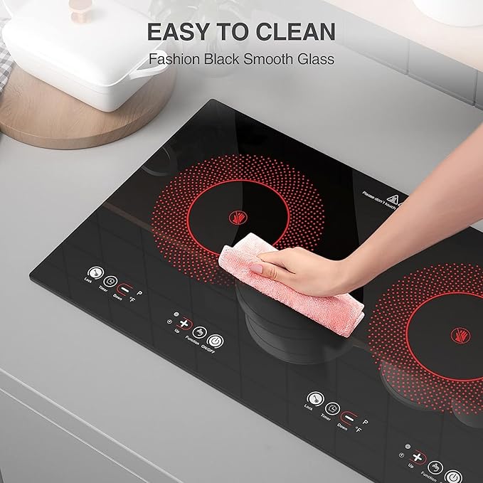 Electric Cooktop, 24 Inch 2 Burner Cooktop 110V, Built-in and Countertop Stove Top Plug in, 2400W Electric Stove, Compatible for All Cookware,Timer & Kid Safety Lock
