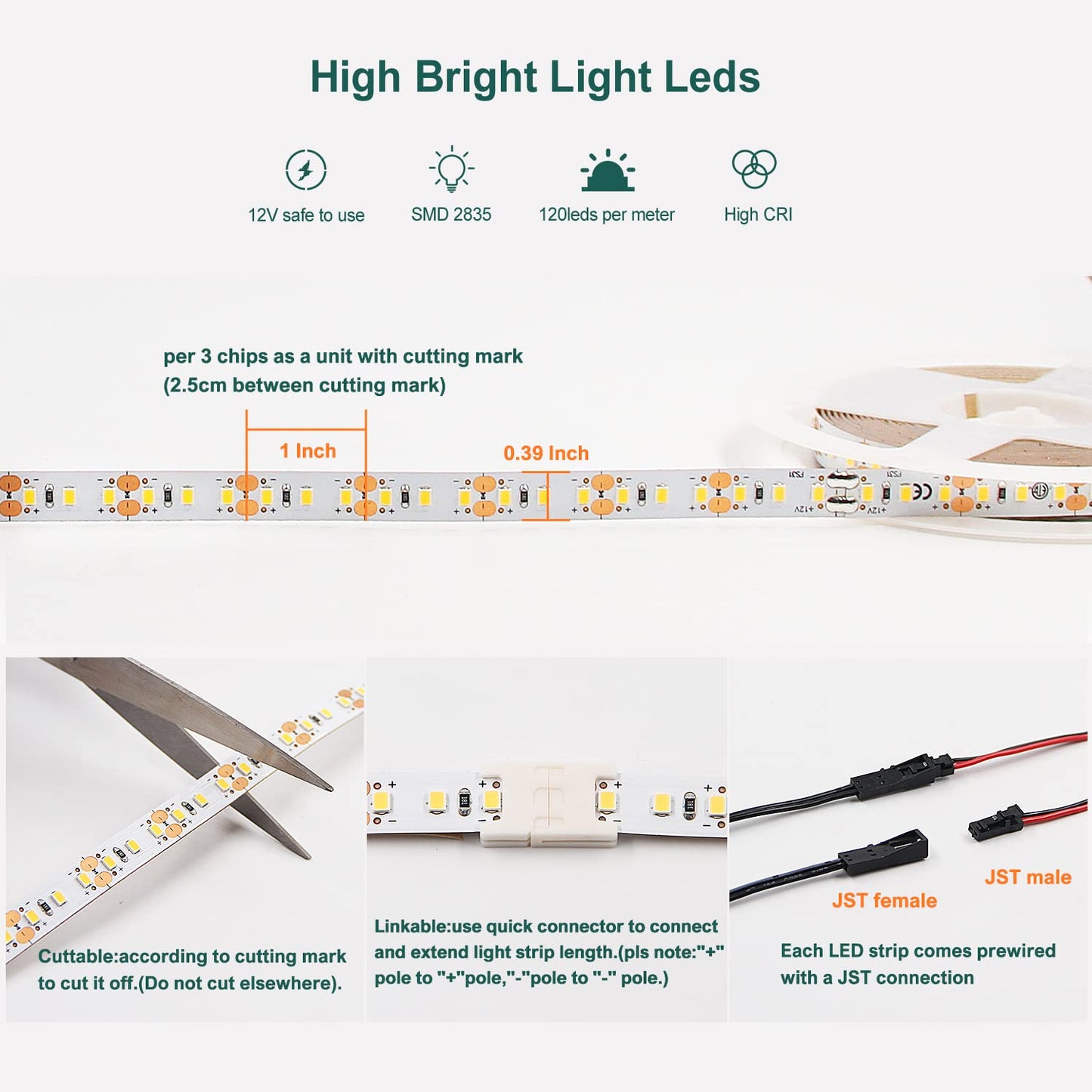 VST LED Strip Lights 120 LEDs/m 1000Lm/M 9.6W/M 12V Cuttable Dimmable 16.4ft Warm White FS31