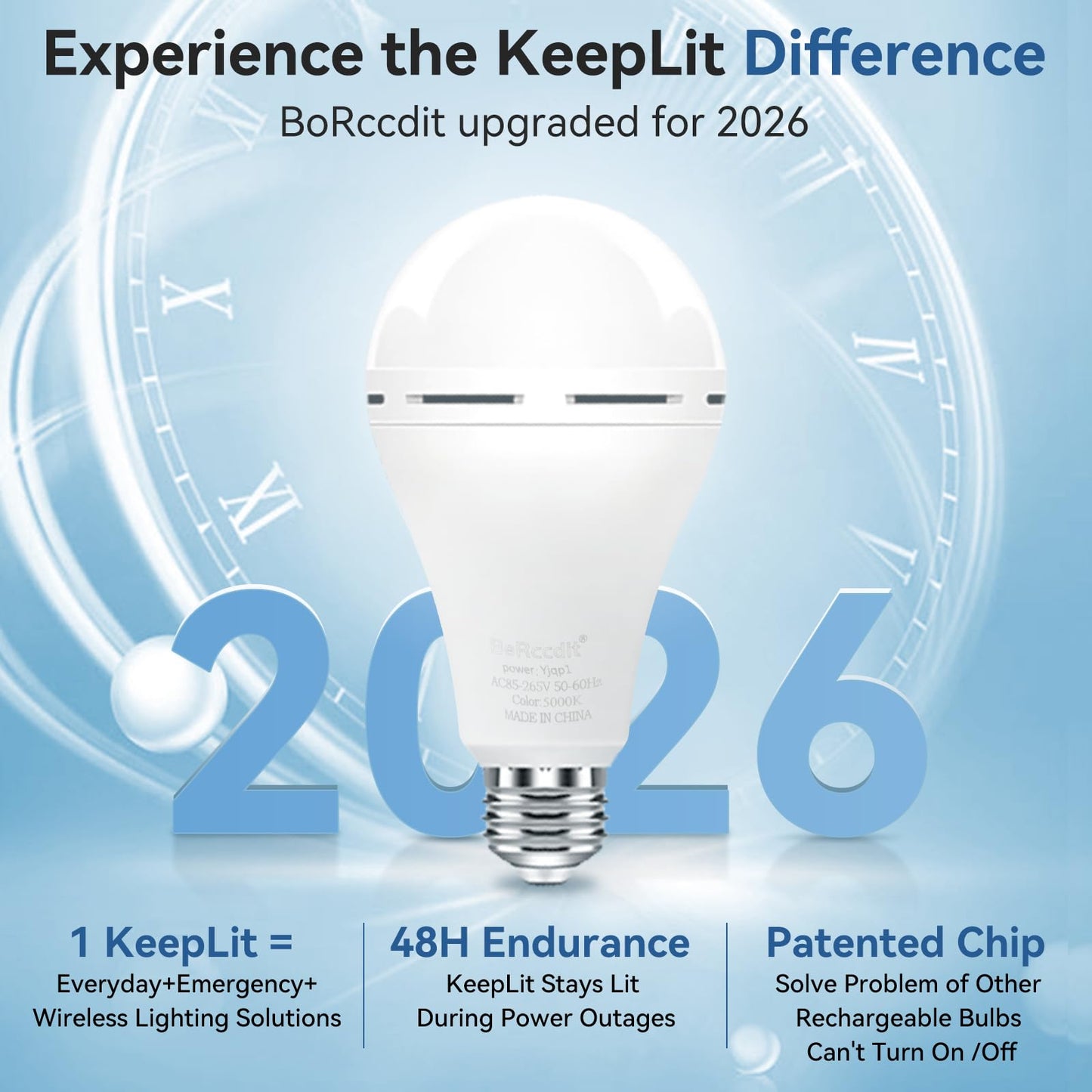 BoRccdit KeepLit 8PK Emergency Rechargeable Light Bulbs, 48H Battery Backup, 3 Brightness Levels, 12W 65W Equivalent A19 LED Bulbs Auto-On During Power Outage, for Hurricane, Emergency Use (Daylight)