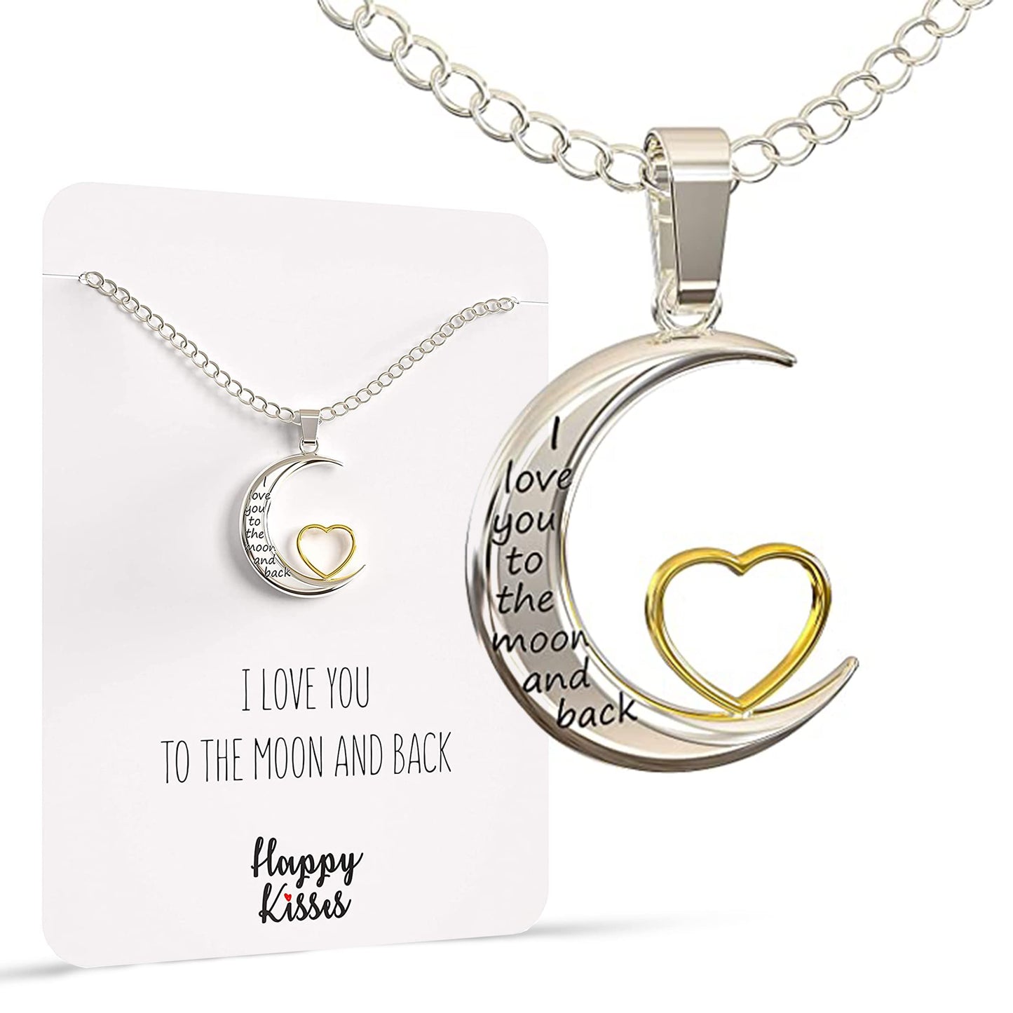 Happy Kisses I Love You to the Moon and Back Pendant Necklace, 18-Inch Silver and Gold