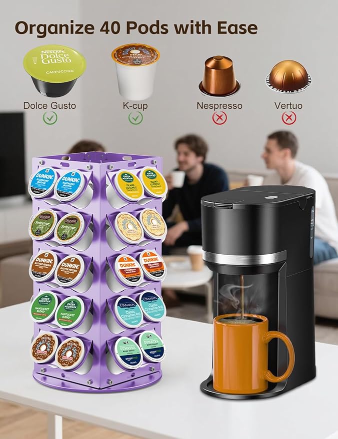 K Cup Holder, Coffee Pod Holder for Keurig – 360° Rotating Aluminum Coffee Organizer for Countertop,Saving Design with Anti-Slip Base for Kitchen or Office,Capacity of 40 Pods (Purple)