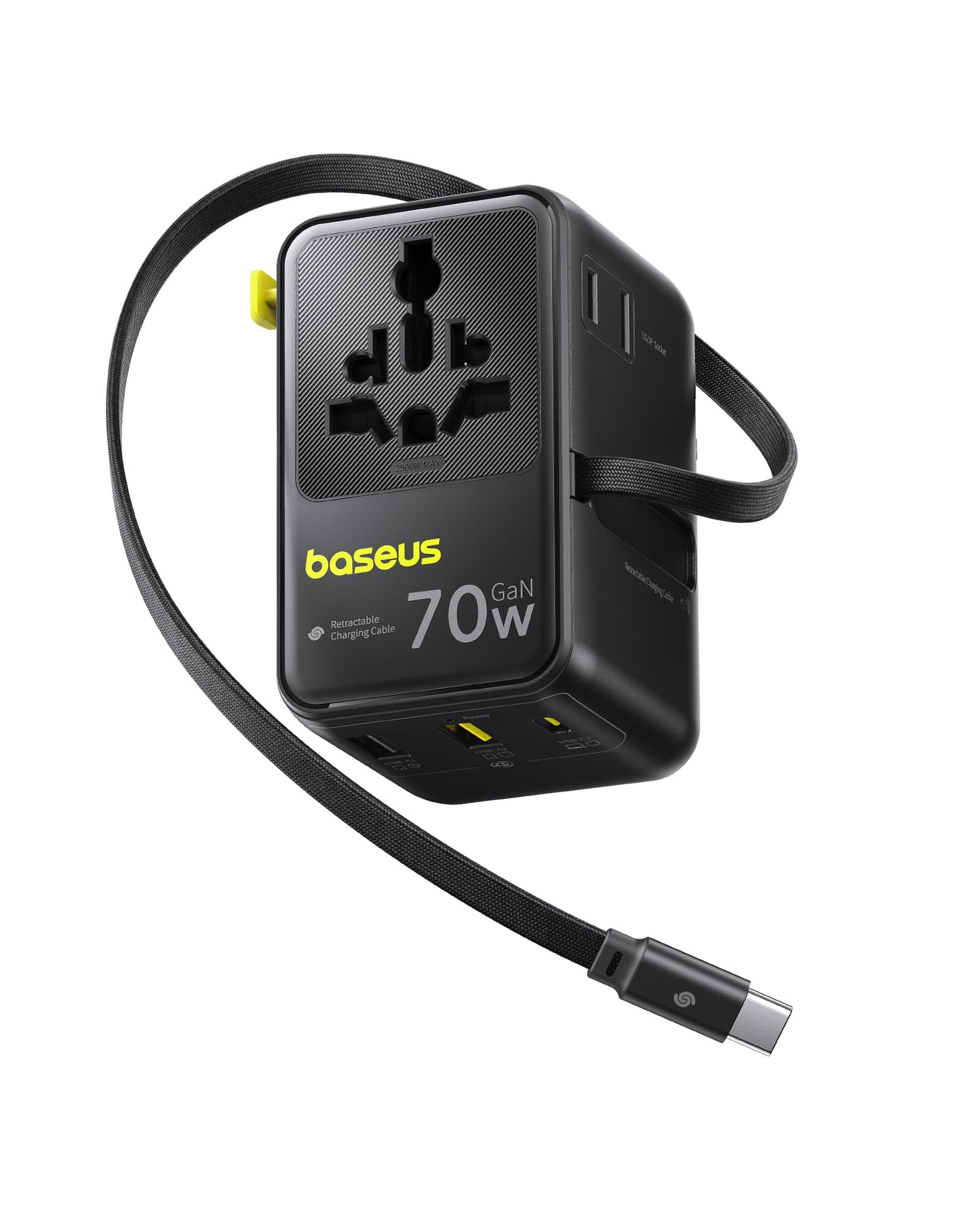 Baseus 70W Universal Travel Adapter with Retractable Cable, 6-in-1 International Plug Adapter, USB-C PD Fast Charging Worldwide Wall Charger for USA/EU/UK/AUS and Over 200 Countries - Enercore CG11