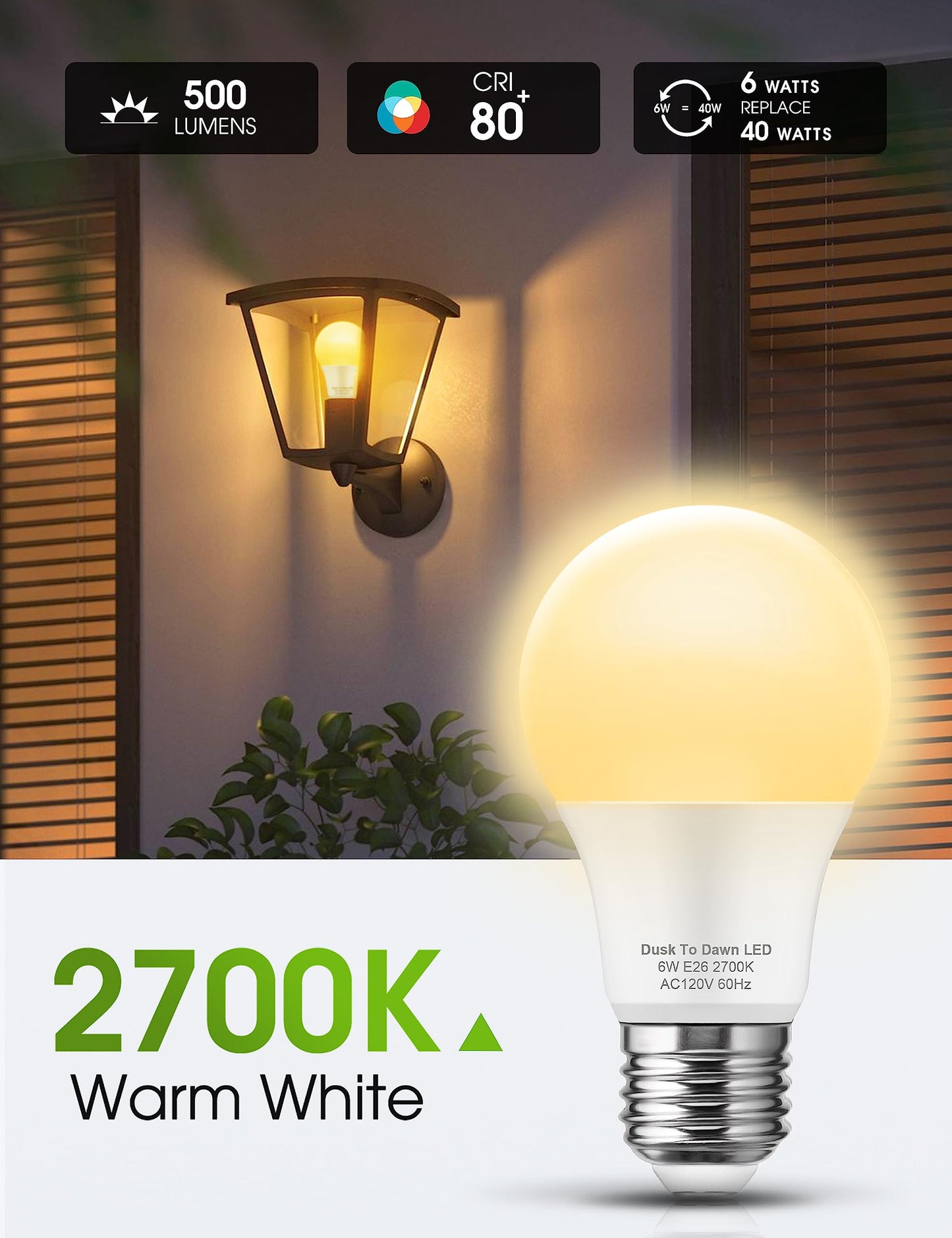 L LOHAS LED Dusk to Dawn Sensor Light Bulbs, 6W A19, 500LM, Warm White 2700K, 4 Pack, E26, Plastic