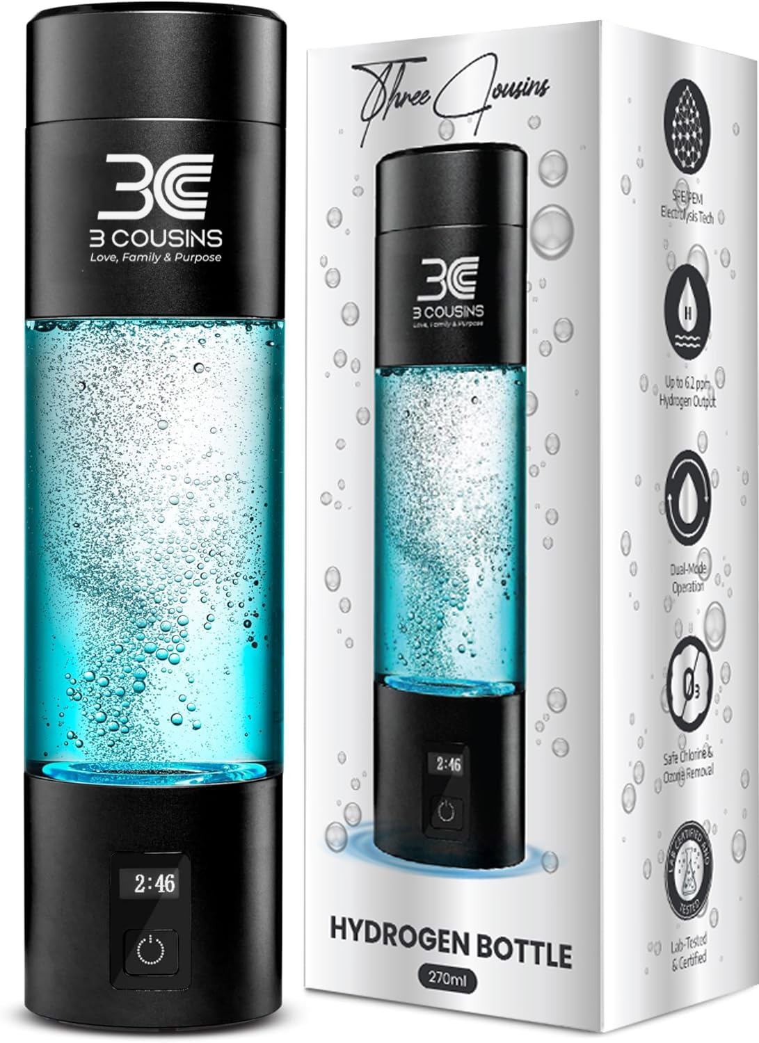 3C Hydrogen Water Bottle – Boost Energy, Detox & Speeds Recovery – Certified H₂ Generator (Up to 6000+ PPB) – Japanese SPE/PEM Tech – 5 & 10 Min Dual Modes with LED Display, USB-C Rechargeable, 9.1 OZ