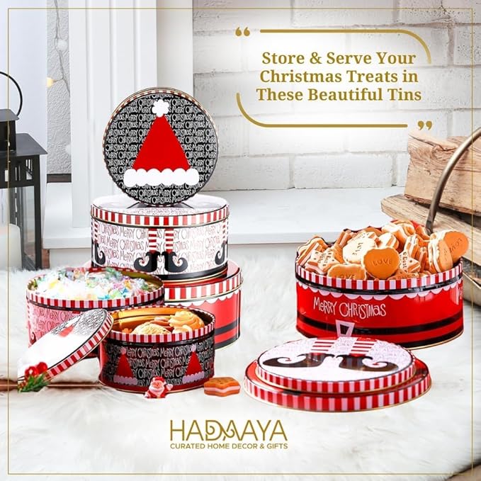 Pack of 9 Round Christmas Cookie Tins With Lids for Gift Giving - Metal Holiday Storage Container, Merry Christmas HAT ELF Design, Perfect for Gifting