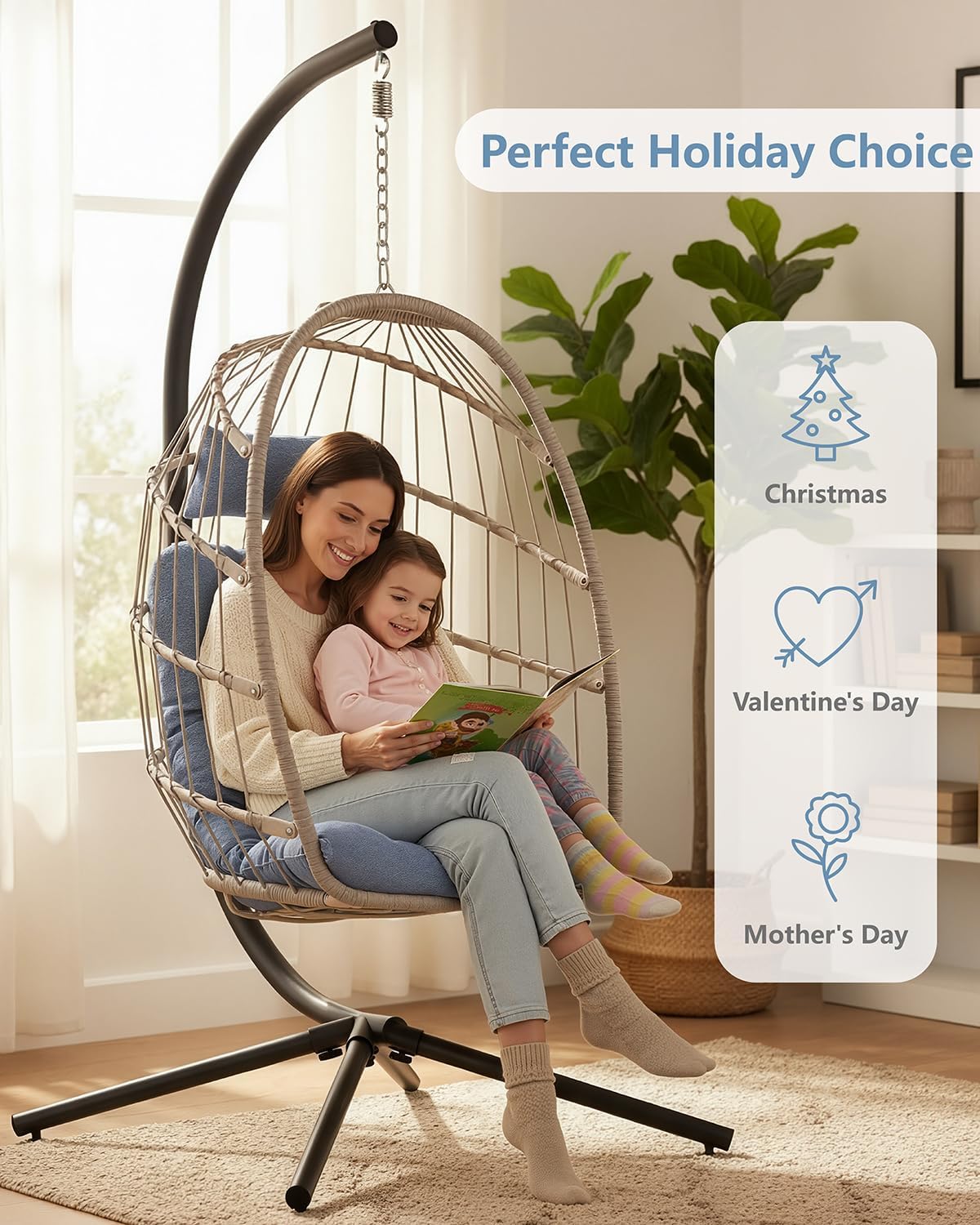 SWITTE Egg Chair Outdoor with Stand, Indoor Wicker Hanging Egg Swing Chair with Cushion, 350lbs Capacity for Patio, Bedroom, Garden - Light Blue