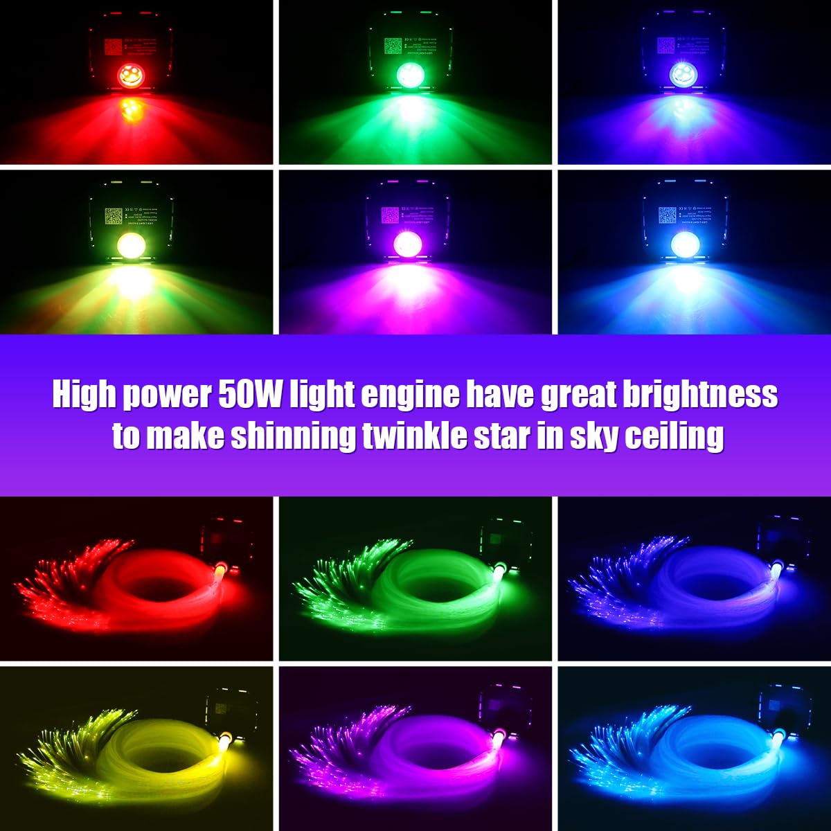 Azimom High Brightness 50W Twinkle Fiber Optic Starlight Kits Mixed800Pcs 16.5Ft Fiber Strands End Glow Sound Activated Bluetooth/App Remote Control Theater Ceiling Home Shop Lobby Roof Decor