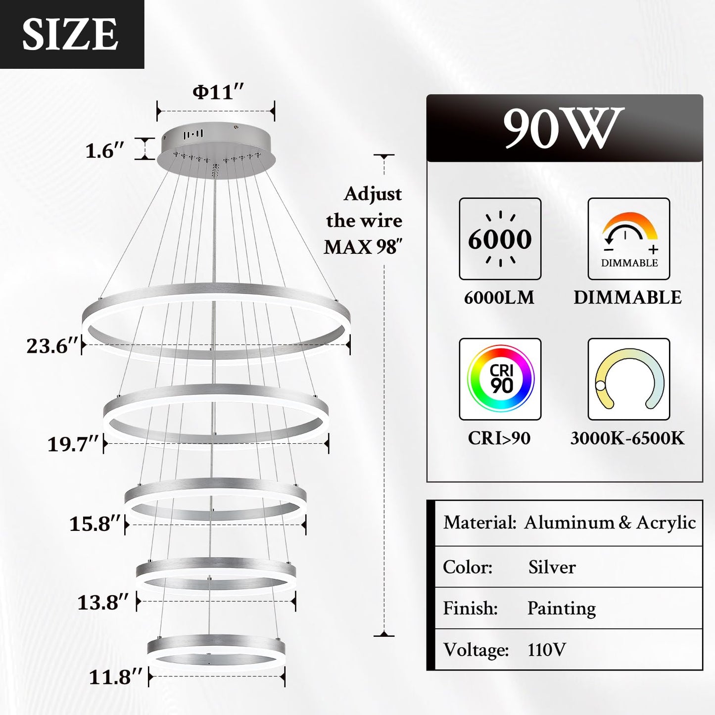 Sparklelf LED Chandelier, Dimmable Silver, 5 Rings 23.6in, Remote Control, Modern Design for Foyer, Dining Room, Living Room, Model SE-P60S