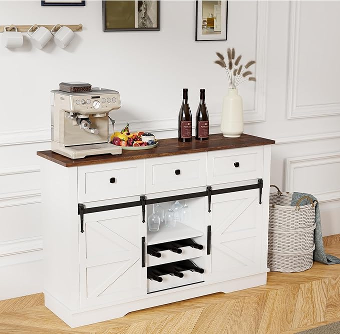 Kmax Farmhouse Wine Bar Cabinet w, 54” Buffet Cabinet with Storage, Rustic White Coffee Bar Cabinet with Sliding Barn Doors, Wine/Glass Rack & 3 Drawers for Living, Dining Room, Brown Top