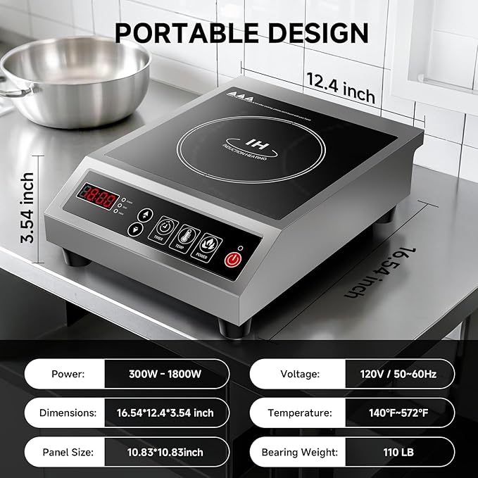 Induction Cooktop Commercial 1800W, Portable Countertop Burner with 8" Fast Heating Coil, 11 Temp/Power Levels, 24H Timer Stainless Steel Electric Stove for for RV Home Kitchen
