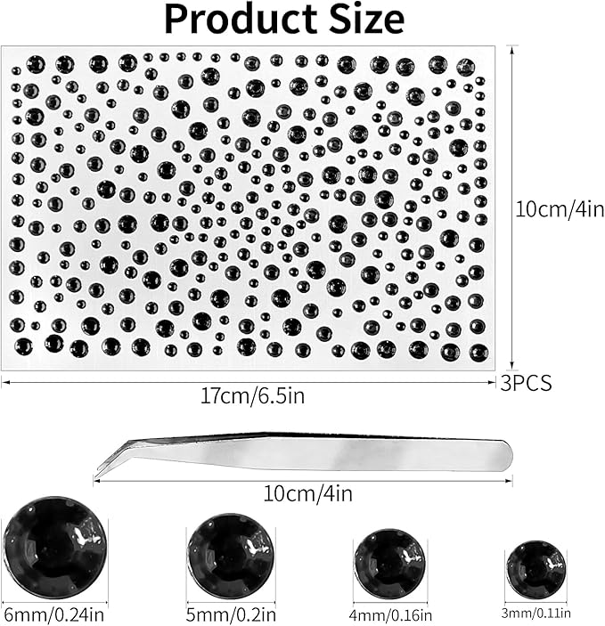 Rhinestone Stickers for Crafts Face Gems Pearls for MakeupClear Crystal Tweezers Decals Stick on Body 3/4/5/6MM Black Hair Nails Craft DIY Gems for Nails Makeup Decor 975PCS