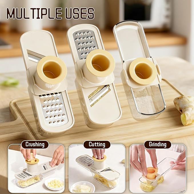 Mini Garlic Slicer,Functional Mandoline Slicers,Veggie Shredder,3 in 1 Ginger Garlic Grater with Hand Guard, Grinder Vegetable Mandoline Cutter with Container (Green)