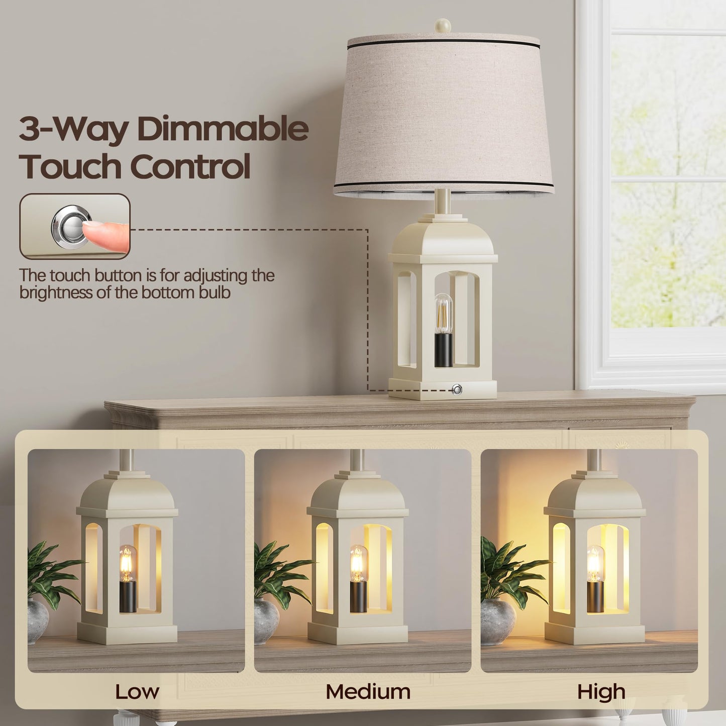 QiMH Table Lamp, Rustic Nightstand Lamp with 3-Way Dimmable Touch Control, USB A+C, 26in White, 1 Pack, Model STR-DL-0192