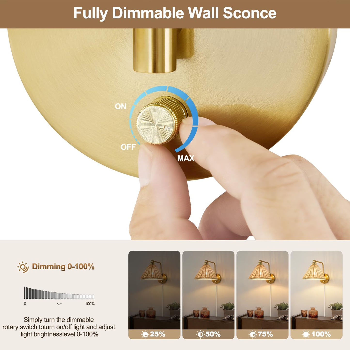 Weaboopre Rattan Plug In Wall Sconce Set Of 2  Gold Wall Lamps With Plug In Cord And Dimmer  Hand Woven Boho Sconces Swing Arm Wall Mount Light Fixture Beside Lighting For Bedroom  Living Room