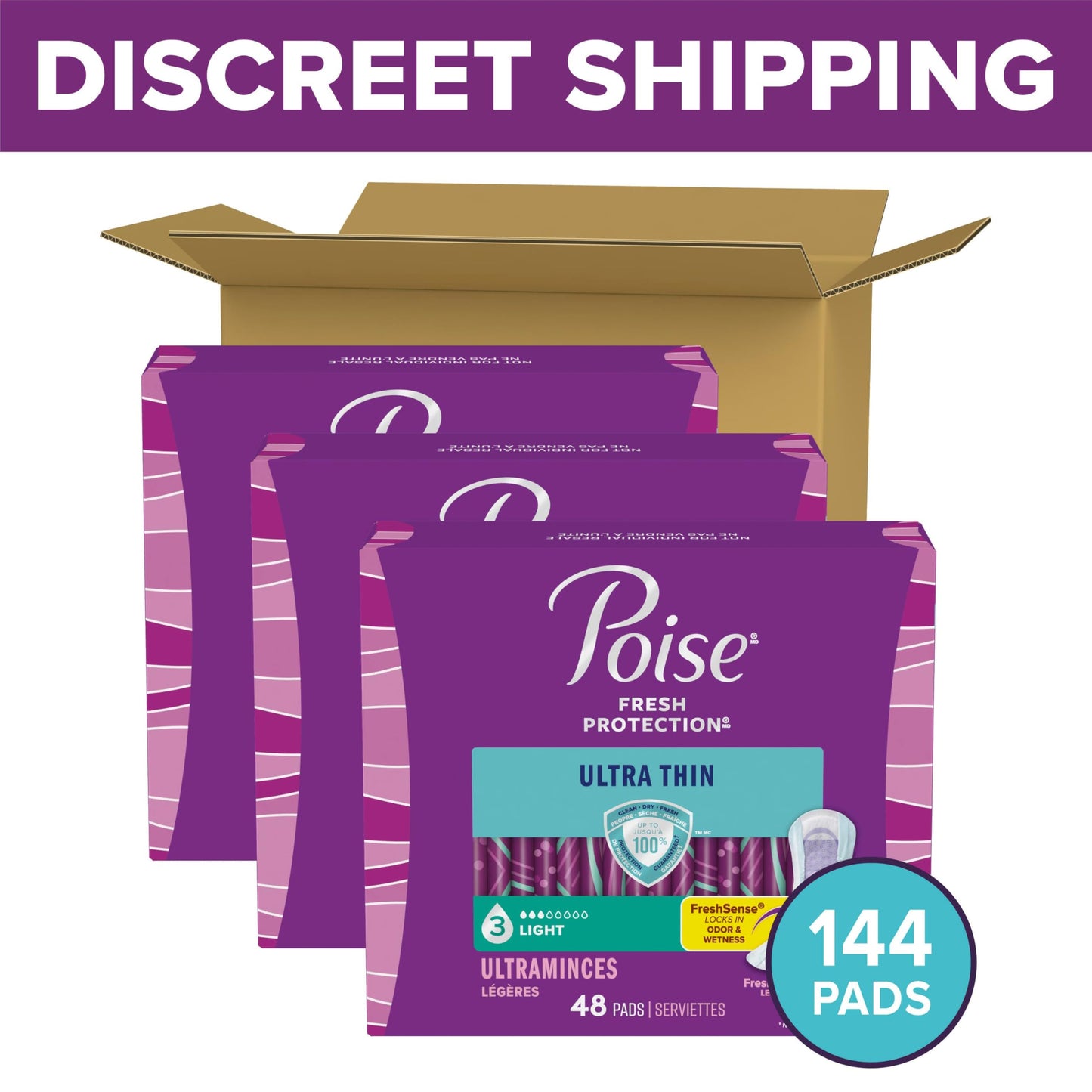 Poise Ultra Thin Incontinence Pads & Postpartum Pads for Bladder Leaks, 3 Drop Light Absorbency, Regular Length, 144 Count, Packaging May Vary