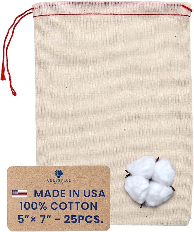 Celestial Gifts Muslin Bags - 100% Cotton Drawstring Bags Medium 25pcs, 5x7, Reusable Tea, Coffee, Jewelry, Gift, Spice Pouch and Sachet Bag - Made in USA - (Red Hem and Drawstring)