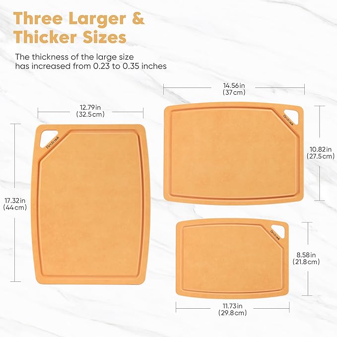 BESTCOOK Wood Fiber Cutting Board Set of 3, Composite Chopping Boards with Juice Groove, Dishwasher Safe, Non-Toxic, BPA-Free, Non-Porous, Non-Slip Feet, Durable for Cutting Meat, Vegetables, Fruit