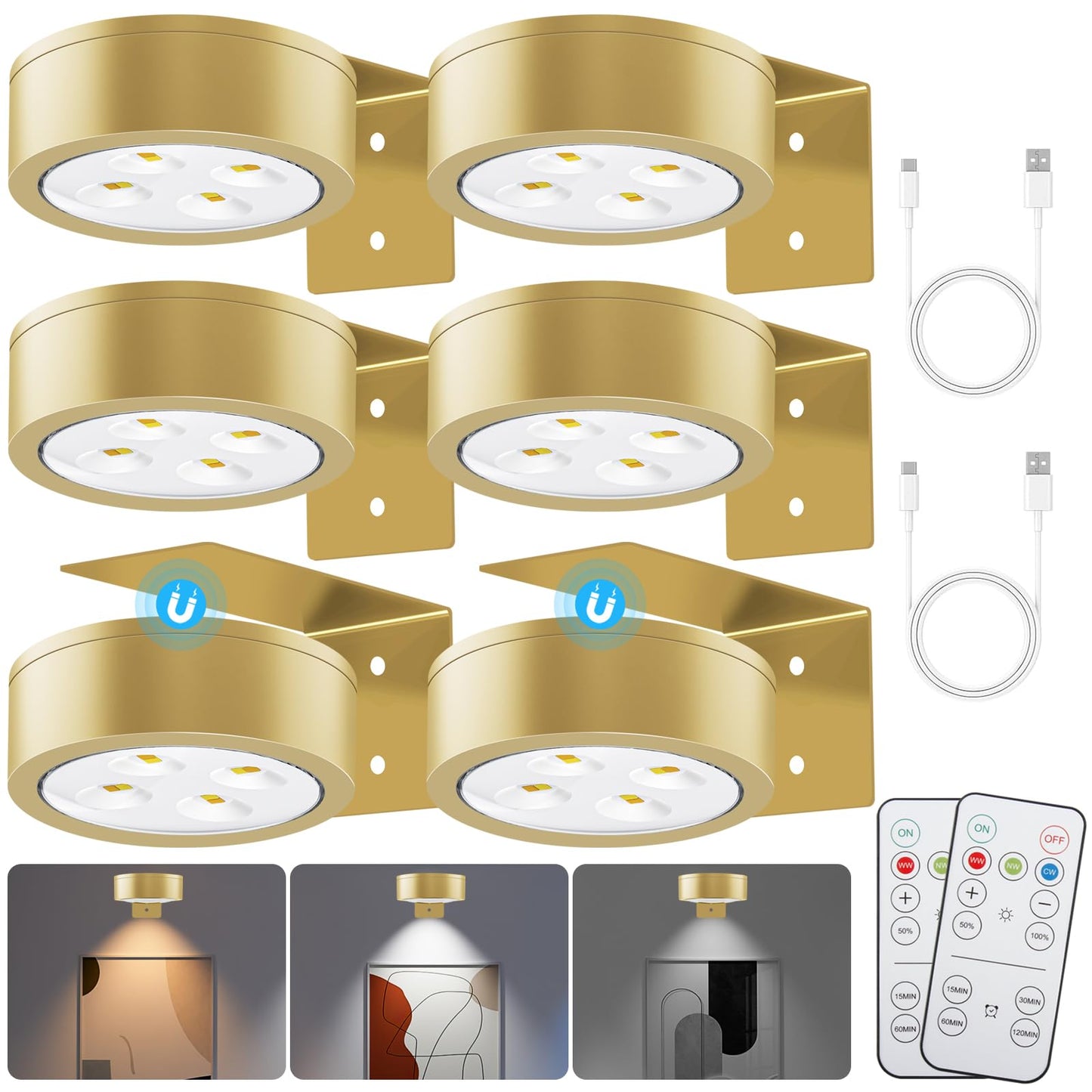 SIXDEFLY Picture Lights, 3 Lighting Modes, Rechargeable LED Art Display Light, 6 Pack, Gold