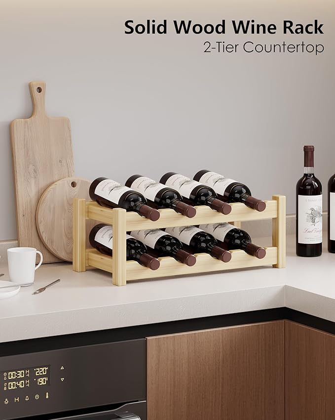 Countertop Wine Rack for Inside Cabinet, Solid Wood 2-Tier Wine Racks for 8 Bottles, Pinewood Liquor Storage Shelf, Water Bottle Organizer for Pantry, Kitchen, Bar, Dining Room (Natural Oak)