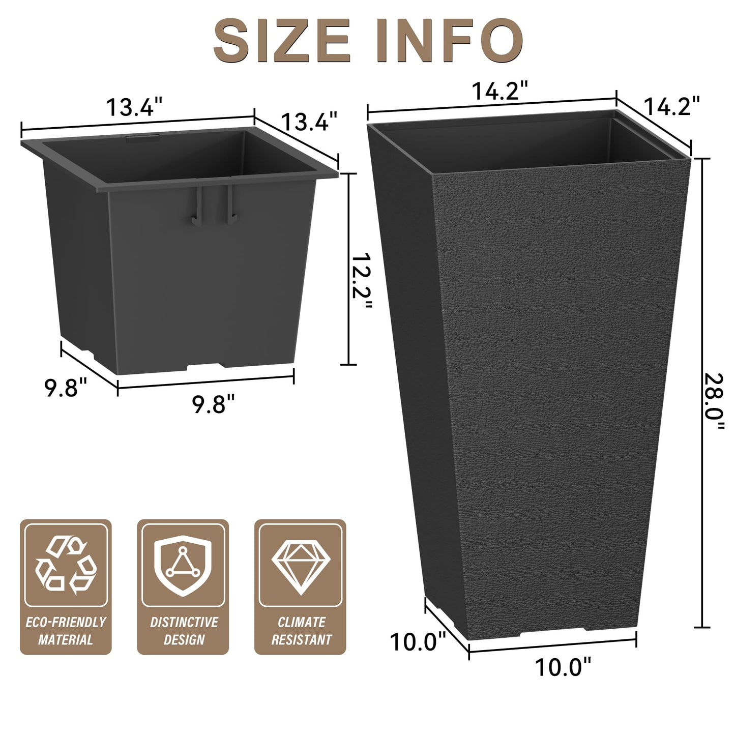 Kante 28 Inch Tall Planter Set of 2, Large Taper Planter for Outdoor Indoor Garden Patio Front Door (Black)