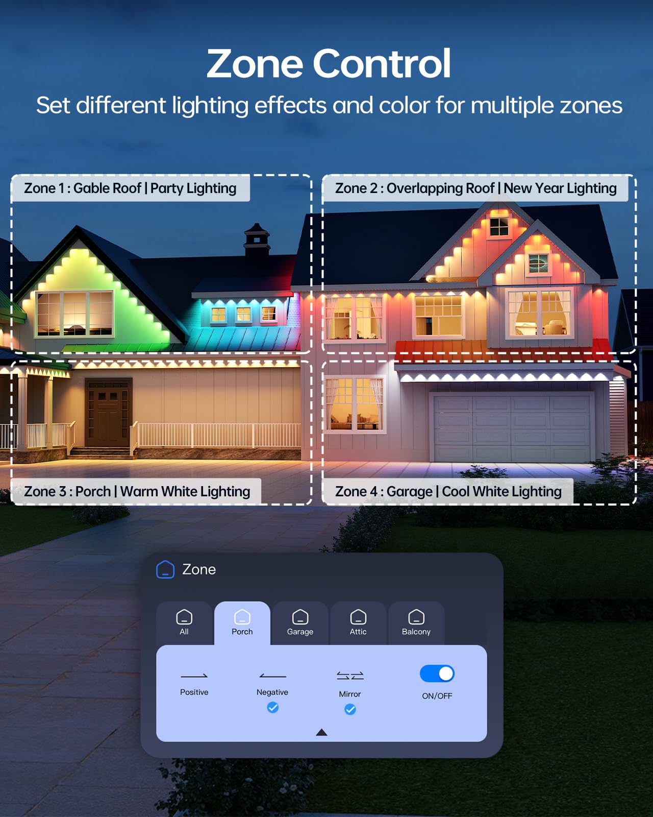 Asahom Ai Permanent Outdoor Lights S107C  150Ft With 108 Rgbcw Led Lights And Dual Output  30 000 Lighting Effect Combination  Ip67 Waterproof For House Halloween Christmas And Daily Decoration  White