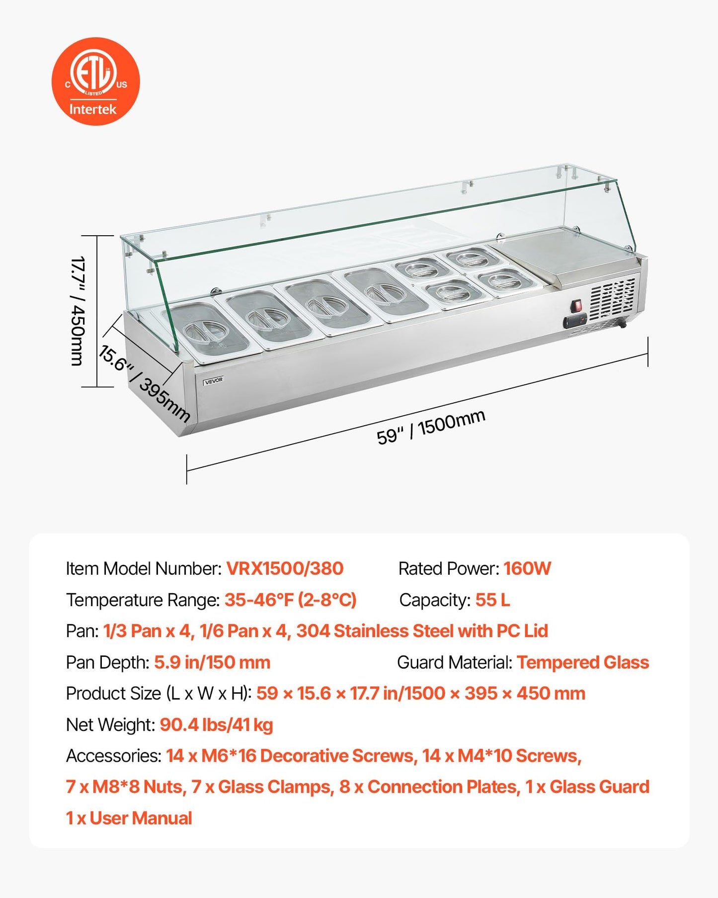 VEVOR Refrigerated Condiment Prep Station, 130 W Countertop Refrigerated Condiment Station, with Four 1/3 Pans & Four 1/6 Pans, 304 Stainless Body and PC Lid, Sandwich Prep Table with Glass Guard