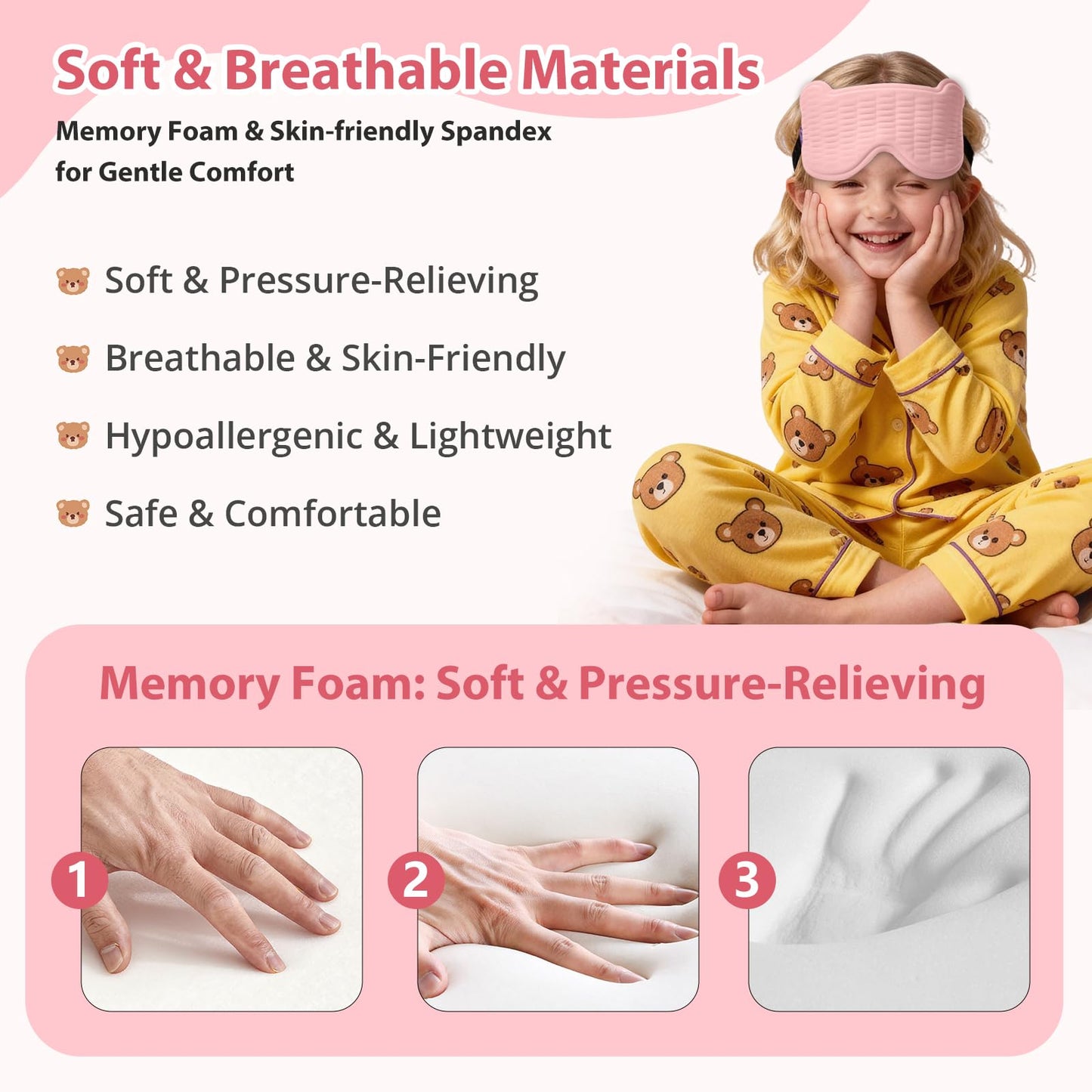 Kids Sleep Mask, 3D Sleeping Eye Mask for Kids with Adjustable Elastic Strap, Bear Shape Eye Cover with Memory Foam, Soft & Light-Blocking, Gift for Boys Girls Teens Age 5–15 (Pink)