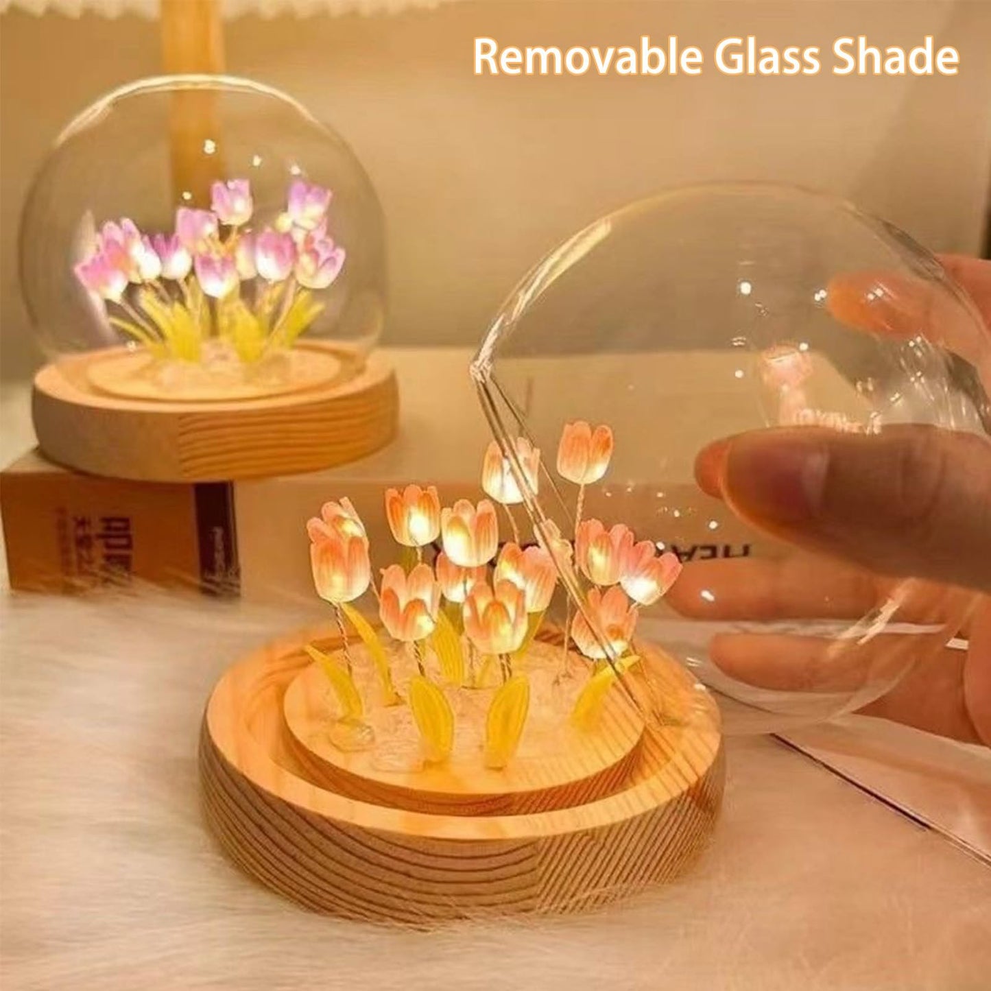 Tulip Night Light Cordless  Birthday Flower Gifts For Her - Small Flower Lamp With Glass Cover  Wooden Base And Gift Bag -Cute Romantic Home Decor For Mom  Grandmother  Wife  Girlfriend  Sister  Women