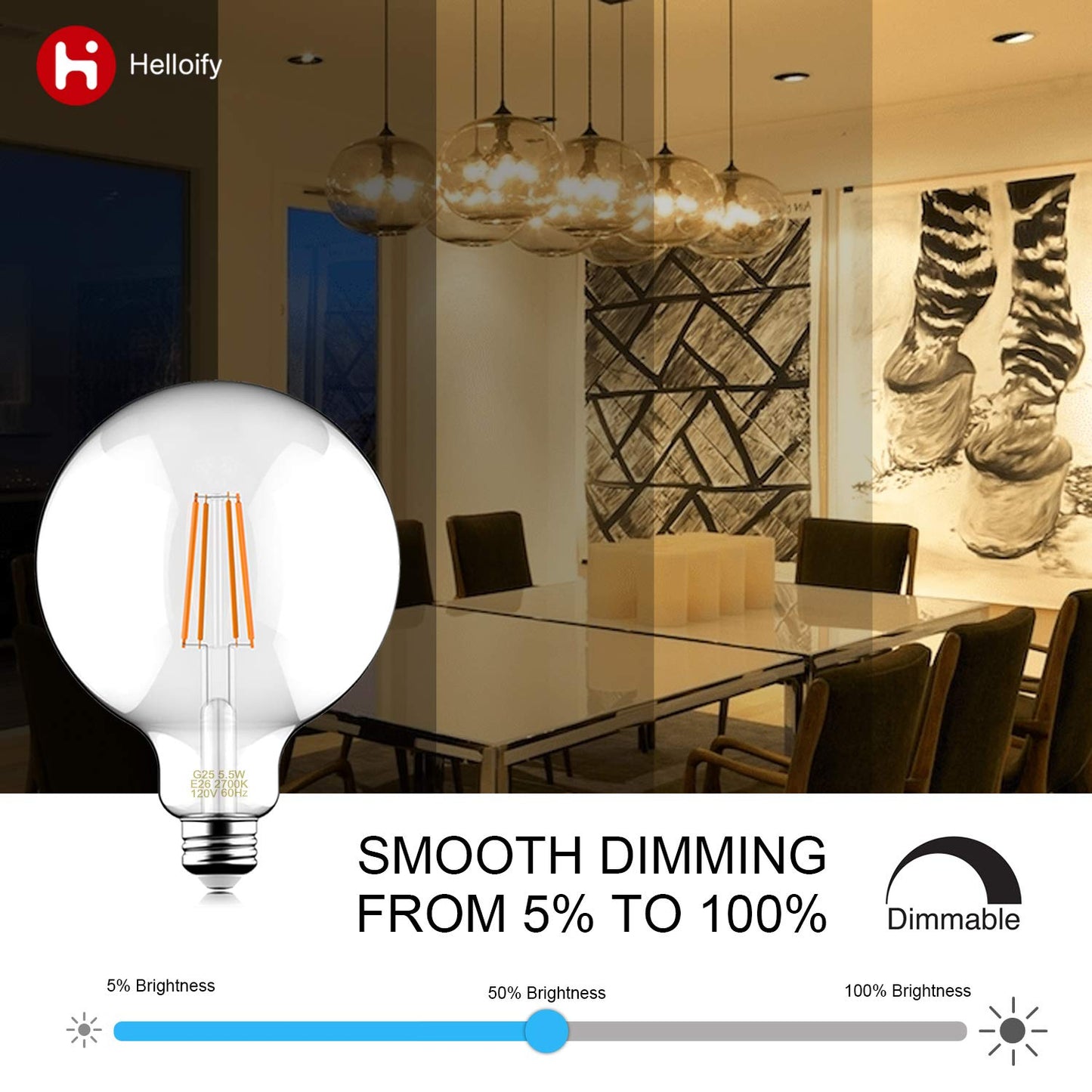 Helloify Vintage LED Edison Bulbs, 60W Equivalent, Dimmable, 500 Lumens, Clear Glass, G25, Soft White 2700K, Pack of 4