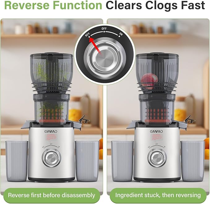 OMMO Juicer Machines, 300W Cold Press Juicer for Whole Vegetables & Fruits with 6'' Large Feed Chute, Slow Masticating Juicer Easy to Clean, High Juice Yield, BPA Free, Sliver