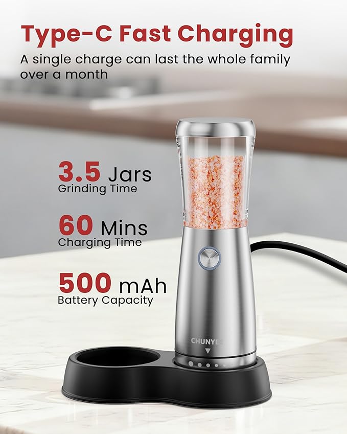 Electric Salt and Pepper Grinder Set - Automatic Stainless Steel Rechargeable Salt and Pepper Grinder Set with Storage Base, Large Capacity, LED Light & Adjustable Coarseness, Ideal Kitchen Gadget